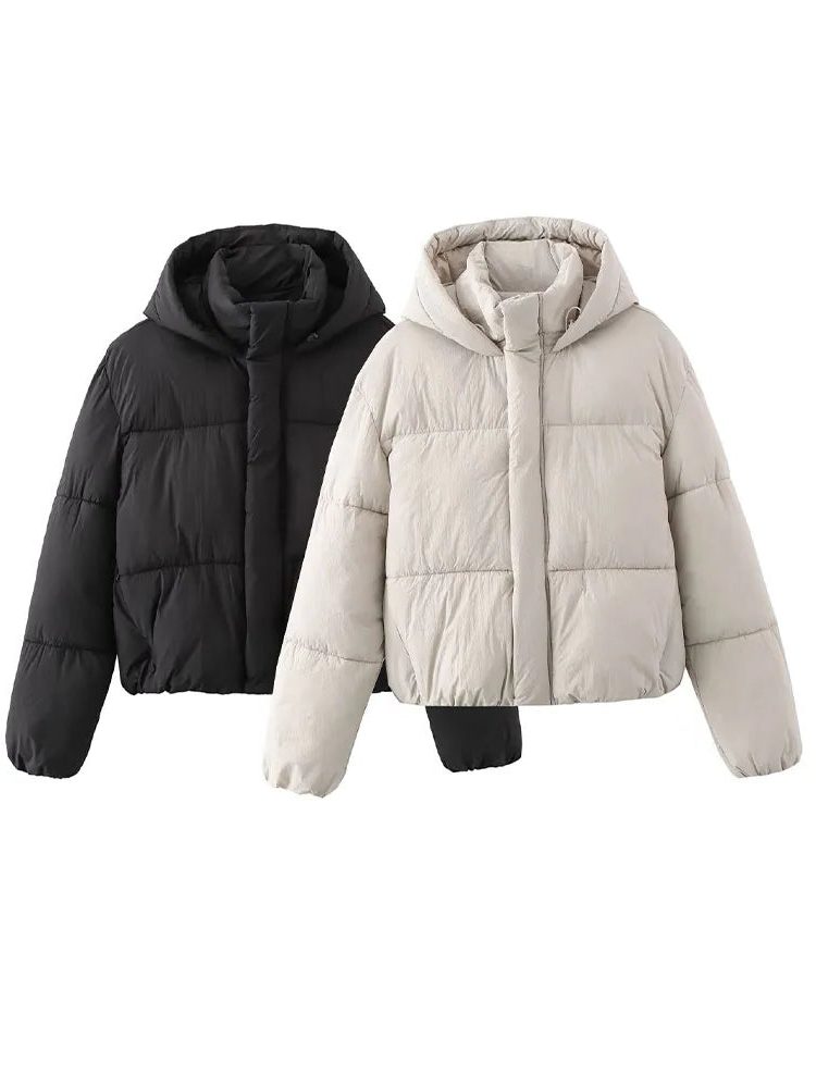 Women's Cropped Quilted Puffer Jacket with Hood and Zip Front