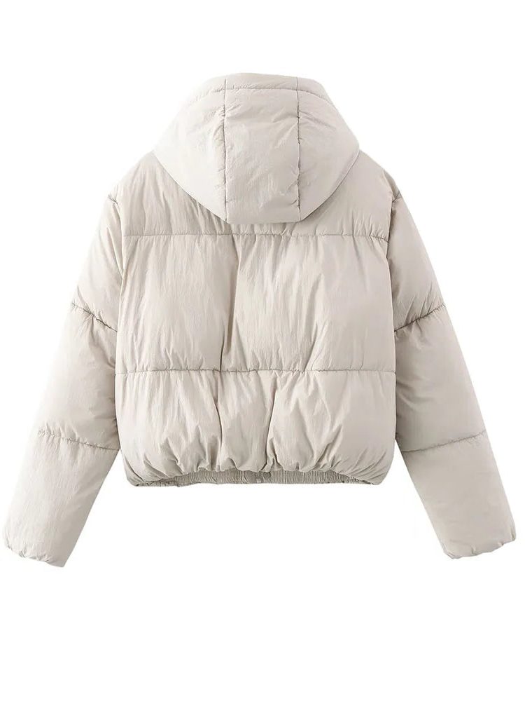 Women's Cropped Quilted Puffer Jacket with Hood and Zip Front