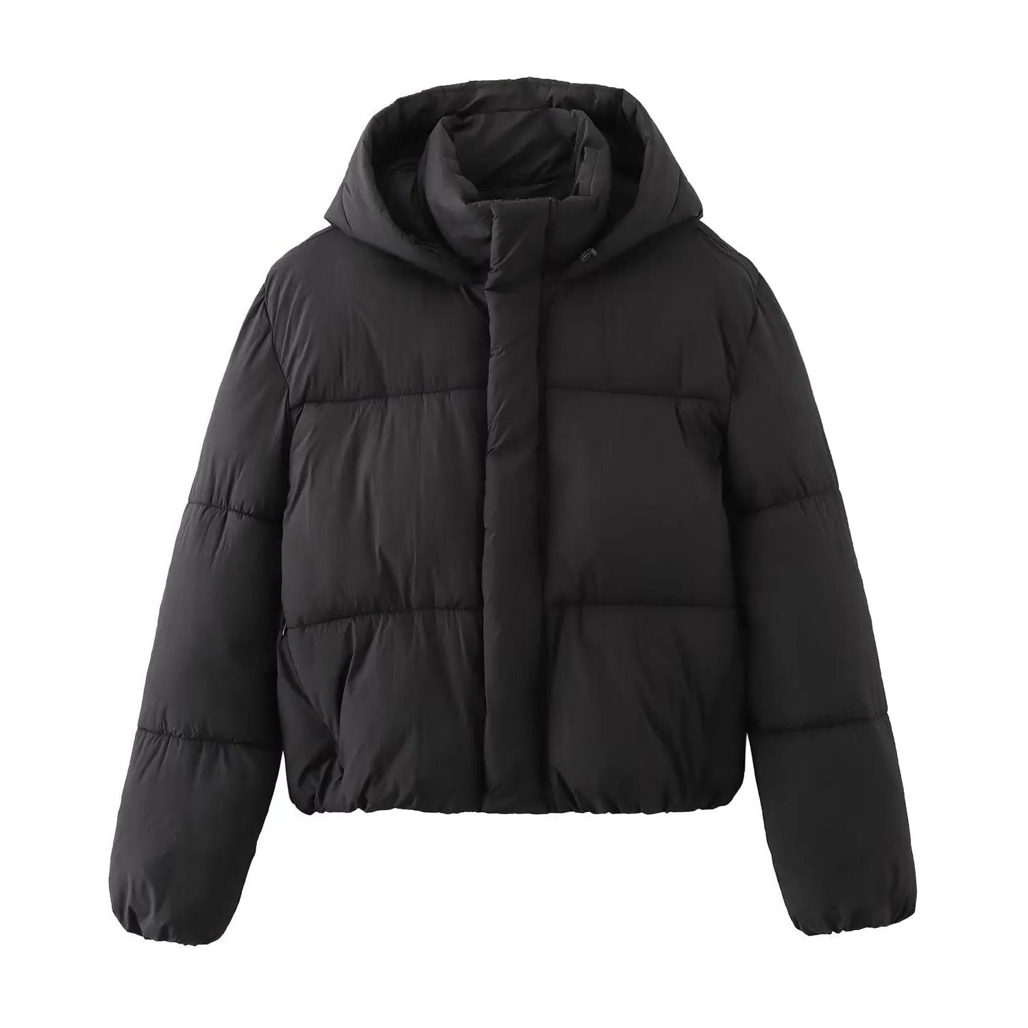 Women's Cropped Quilted Puffer Jacket with Hood and Zip Front