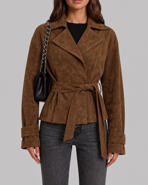 Women's Brown Suede Finish Belted Jacket with Notch Lapels