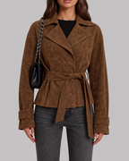 Women's Brown Suede Finish Belted Jacket with Notch Lapels