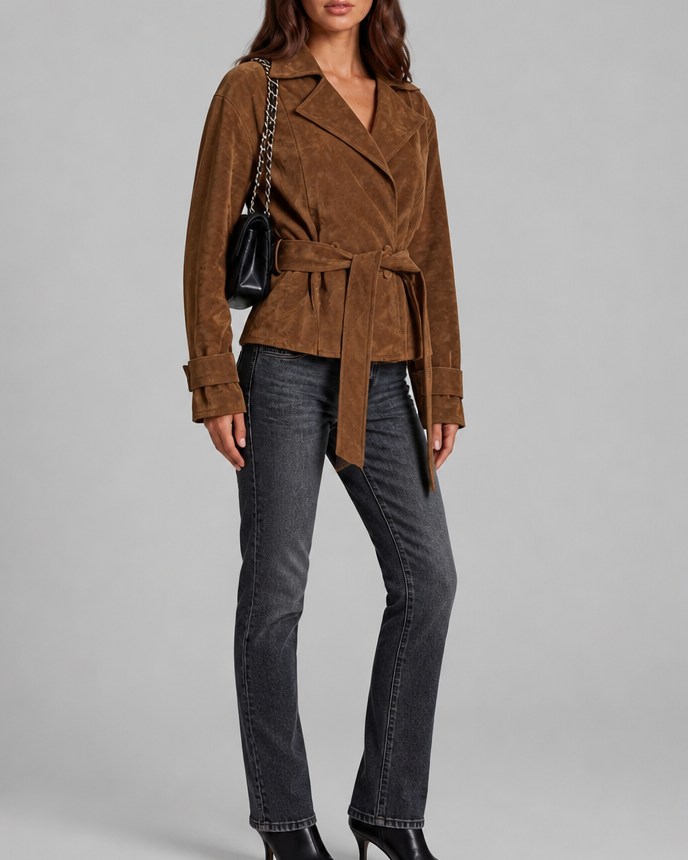 Women's Brown Suede Finish Belted Jacket with Notch Lapels