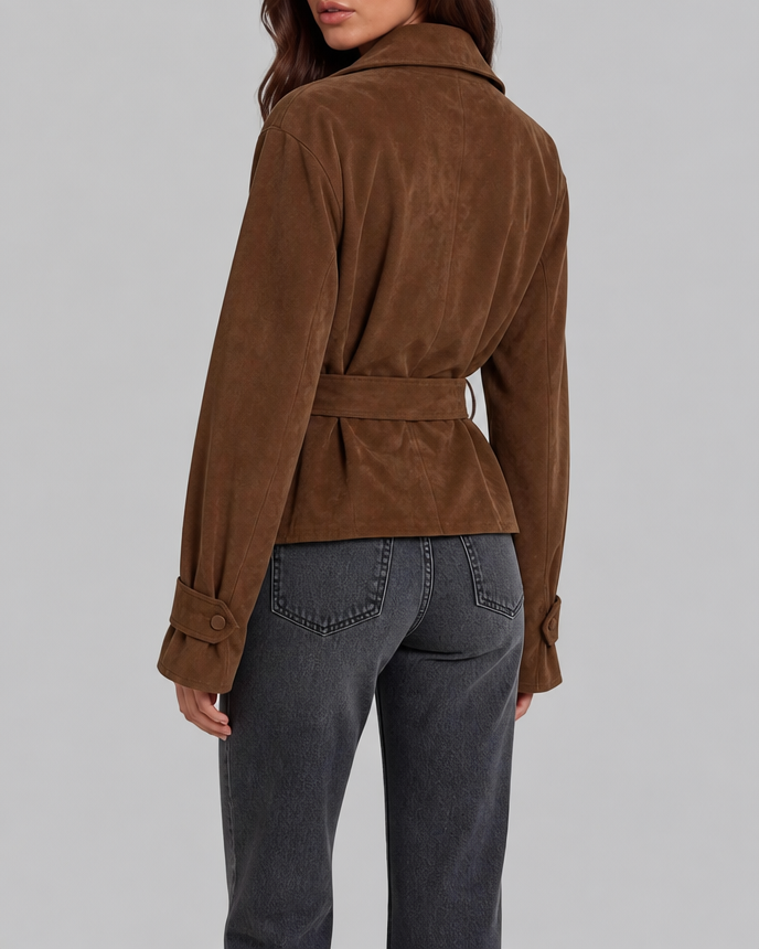 Women's Brown Suede Finish Belted Jacket with Notch Lapels