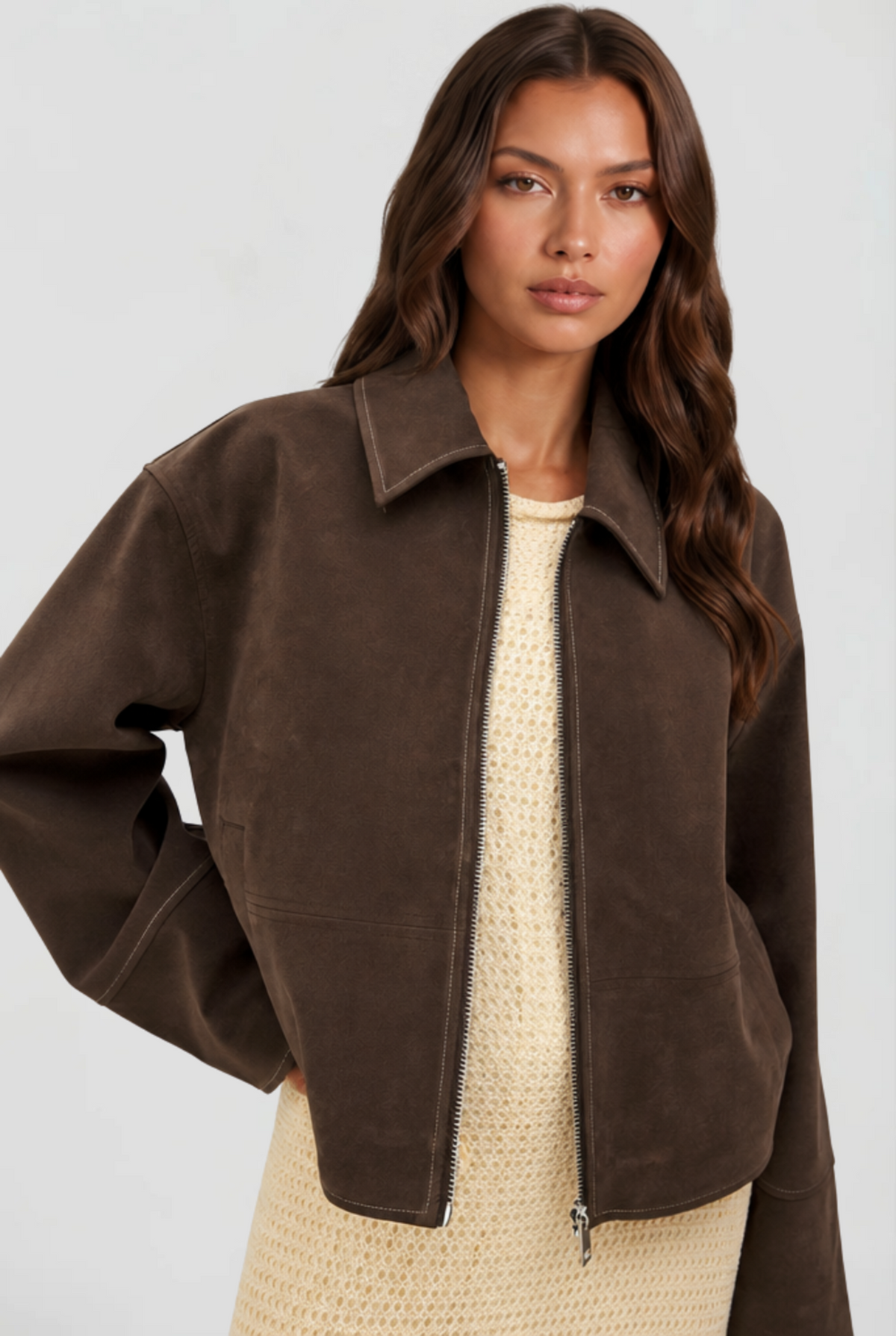 Women's Brown Suede Finish Jacket with Zip Front and Collar