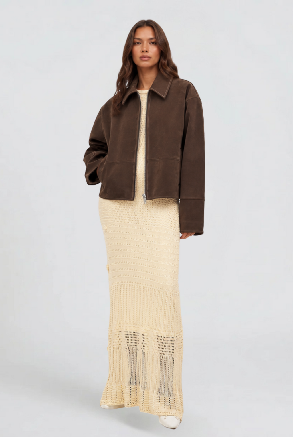 Women's Brown Suede Finish Jacket with Zip Front and Collar