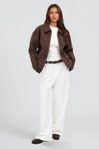 Women's Brown Suede Finish Jacket with Zip Front and Collar