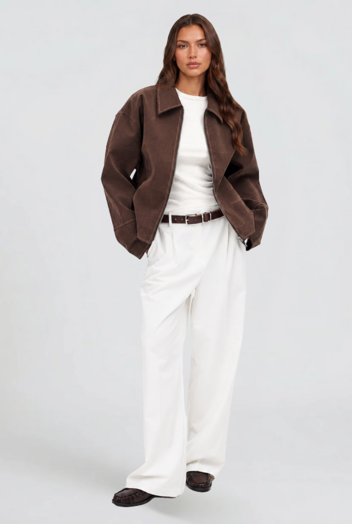 Women's Brown Suede Finish Jacket with Zip Front and Collar