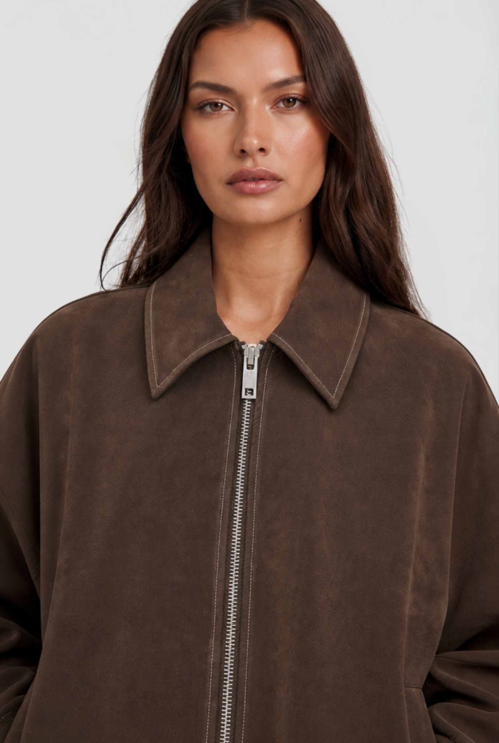 Women's Brown Suede Finish Jacket with Zip Front and Collar