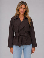 Women's Cropped Belted Trench Coat | Tie Waist Double Breasted Lapel Jacket