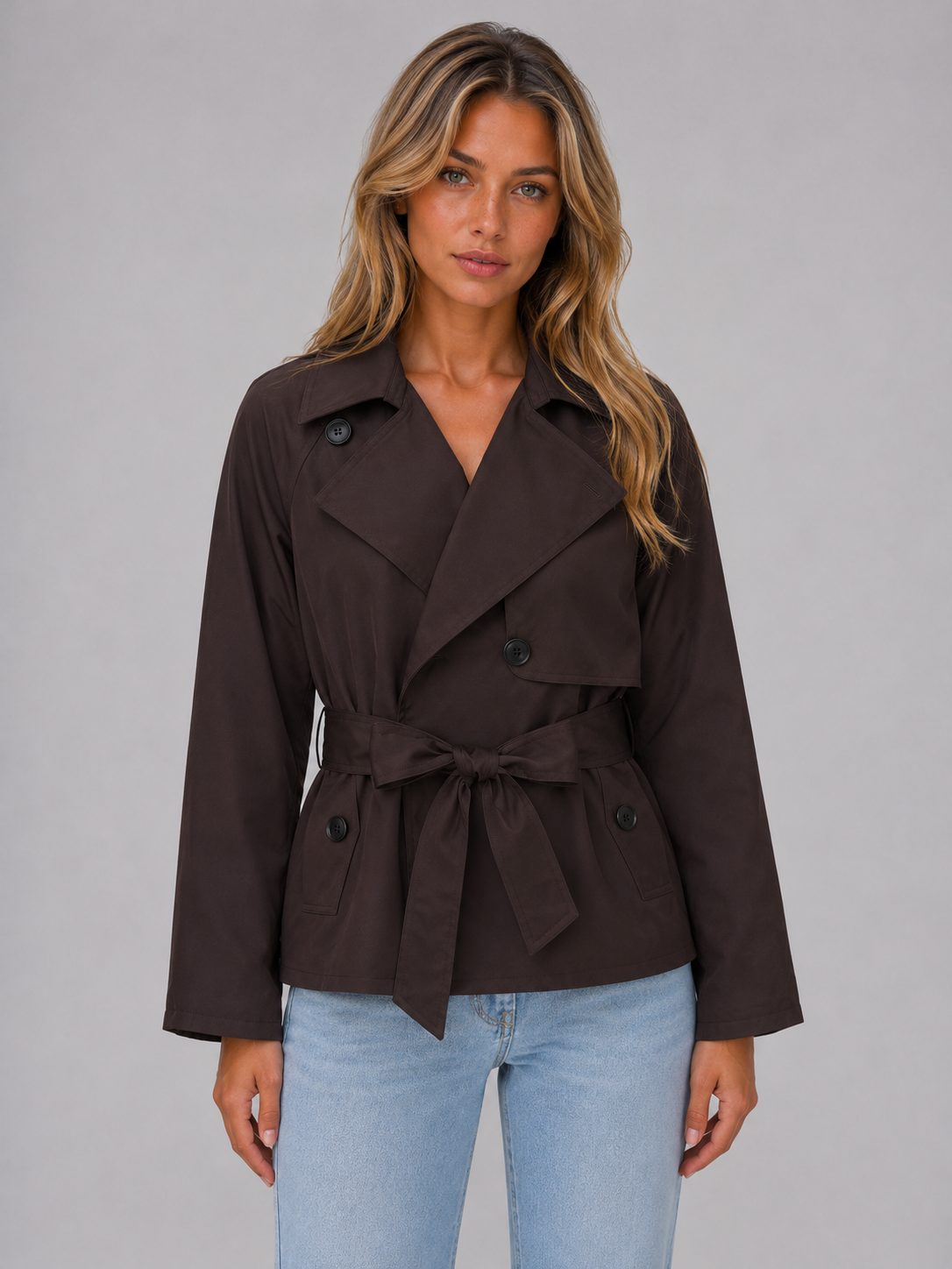 Women's Cropped Belted Trench Coat | Tie Waist Double Breasted Lapel Jacket