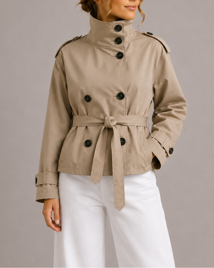 Women's Cropped Belted Trench Coat | Double Breasted Stand Collar