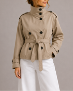 Women's Cropped Belted Trench Coat | Double Breasted Stand Collar