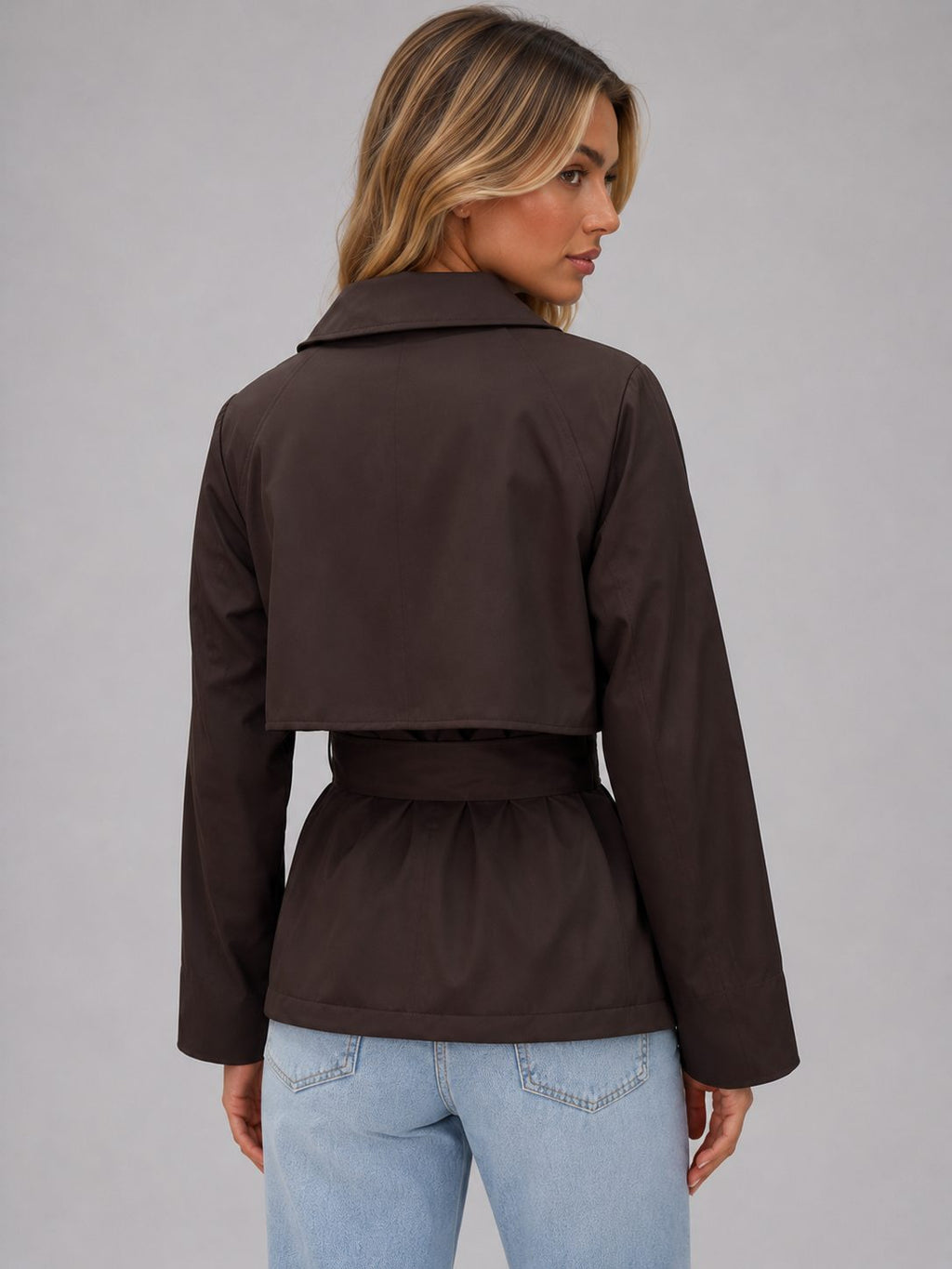 Women's Cropped Belted Trench Coat | Tie Waist Double Breasted Lapel Jacket