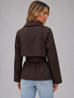 Women's Cropped Belted Trench Coat | Tie Waist Double Breasted Lapel Jacket