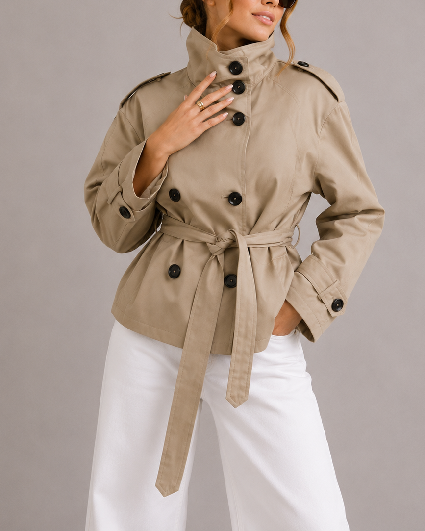 Women's Cropped Belted Trench Coat | Double Breasted Stand Collar