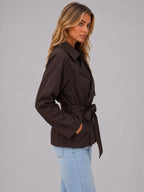 Women's Cropped Belted Trench Coat | Tie Waist Double Breasted Lapel Jacket