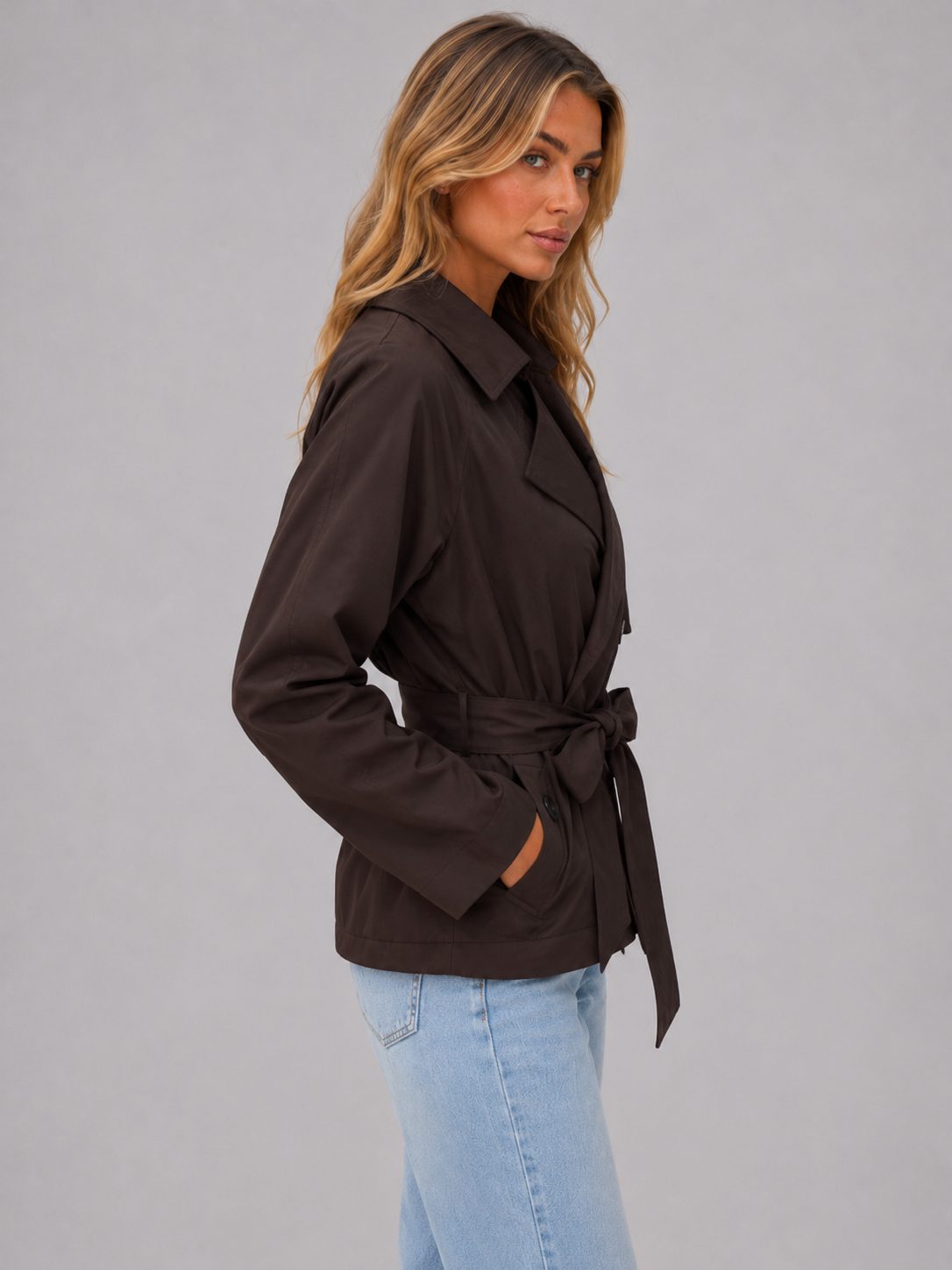 Women's Cropped Belted Trench Coat | Tie Waist Double Breasted Lapel Jacket
