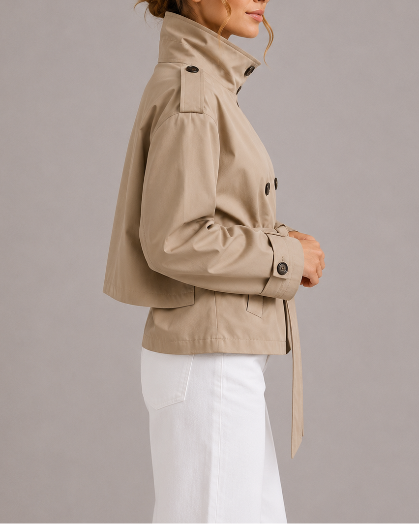 Women's Cropped Belted Trench Coat | Double Breasted Stand Collar