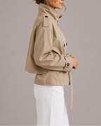 Women's Cropped Belted Trench Coat | Double Breasted Stand Collar