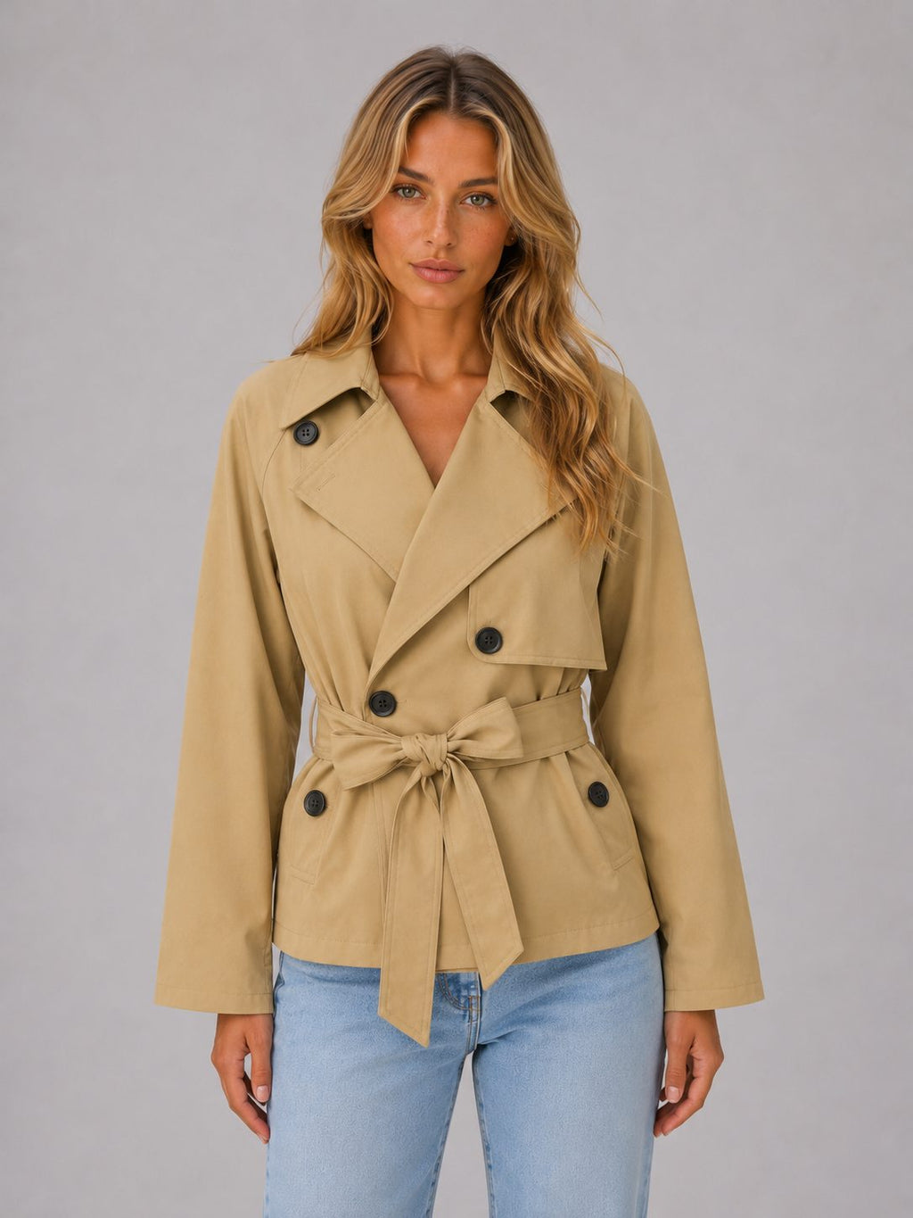 Women's Cropped Belted Trench Coat | Tie Waist Double Breasted Lapel Jacket