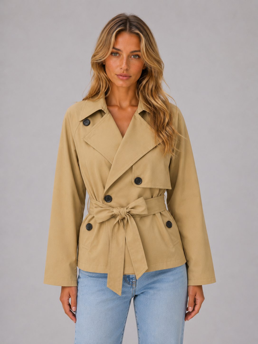 Women's Cropped Belted Trench Coat | Tie Waist Double Breasted Lapel Jacket