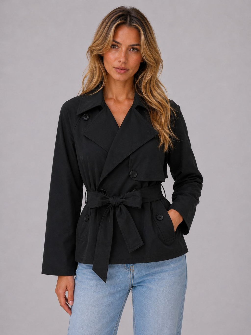 Women's Cropped Belted Trench Coat | Tie Waist Double Breasted Lapel Jacket