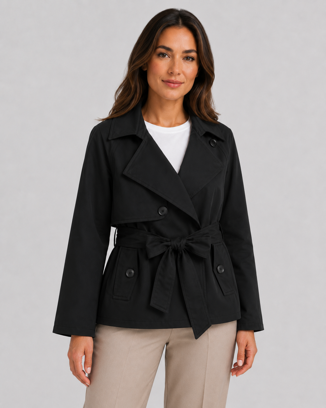 Women's Cropped Trench Coat | Tie Waist Double Breasted Notch Lapel Jacket