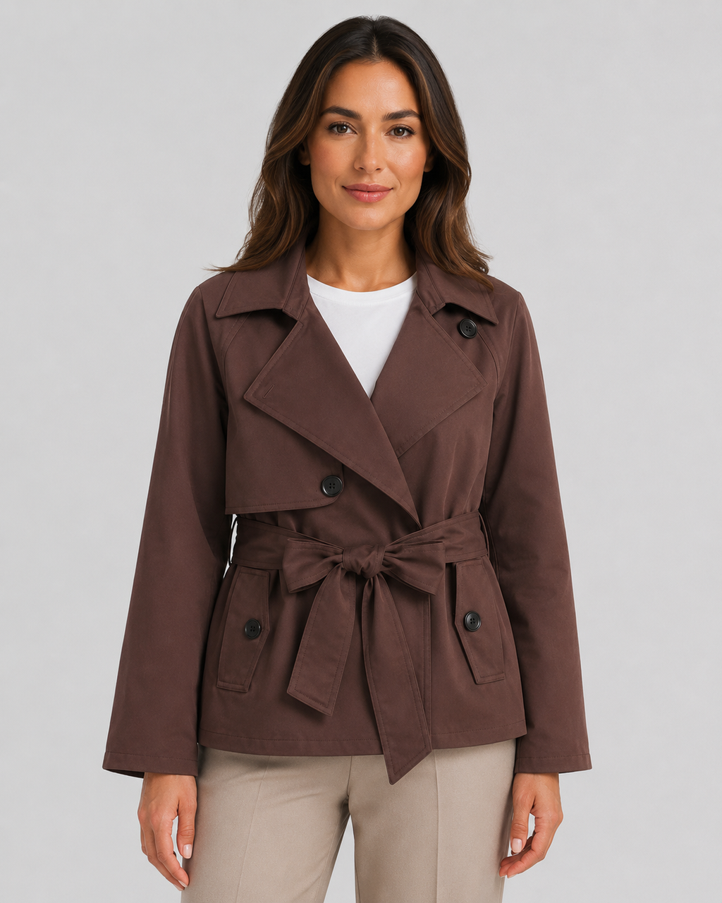 Women's Cropped Trench Coat | Tie Waist Double Breasted Notch Lapel Jacket