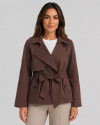 Women's Cropped Trench Coat | Tie Waist Double Breasted Notch Lapel Jacket
