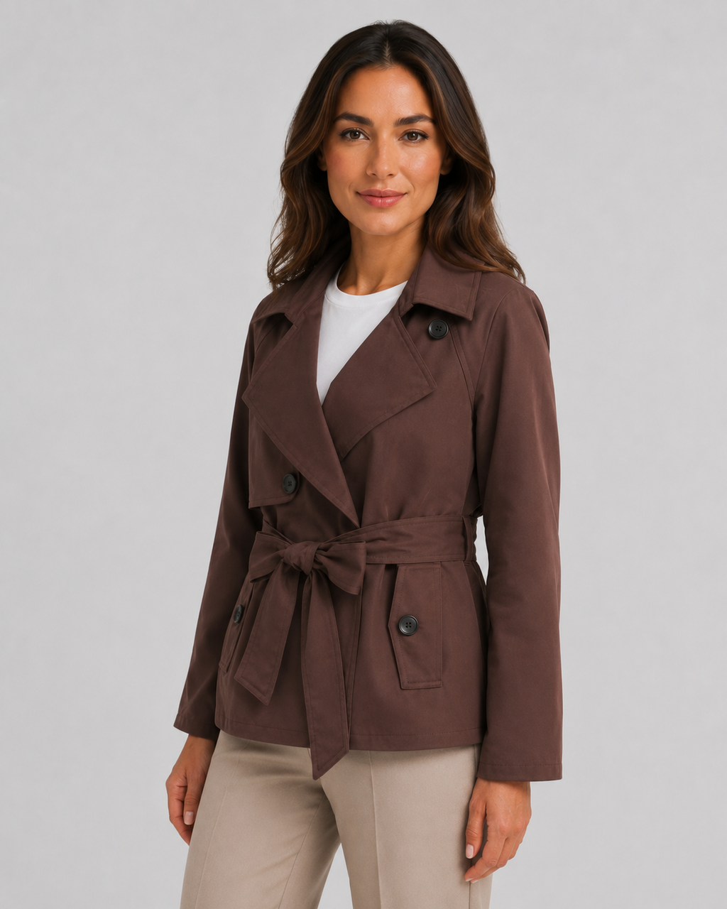 Women's Cropped Trench Coat | Tie Waist Double Breasted Notch Lapel Jacket