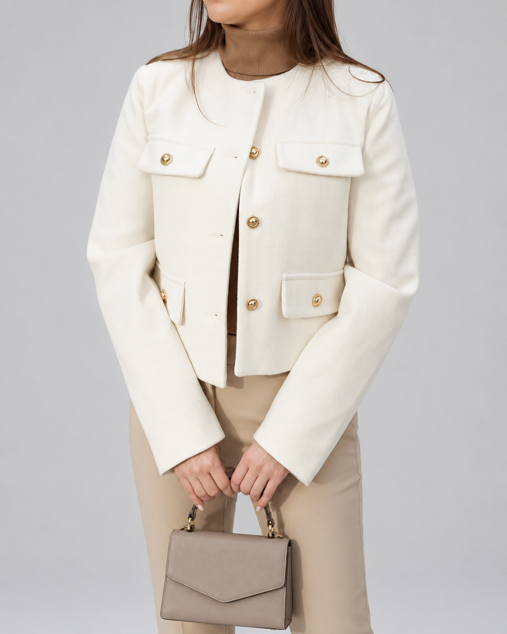 Women's Cropped Tweed Jacket with Round Neck and Gold Buttons