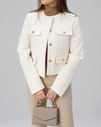 Women's Cropped Tweed Jacket with Round Neck and Gold Buttons
