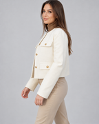 Women's Cropped Tweed Jacket with Round Neck and Gold Buttons