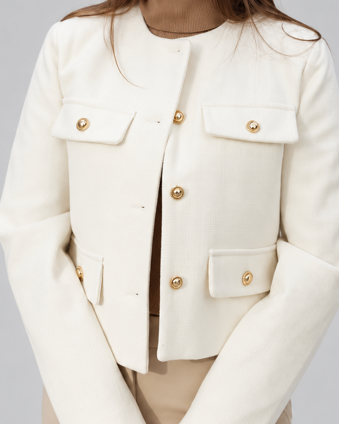 Women's Cropped Tweed Jacket with Round Neck and Gold Buttons