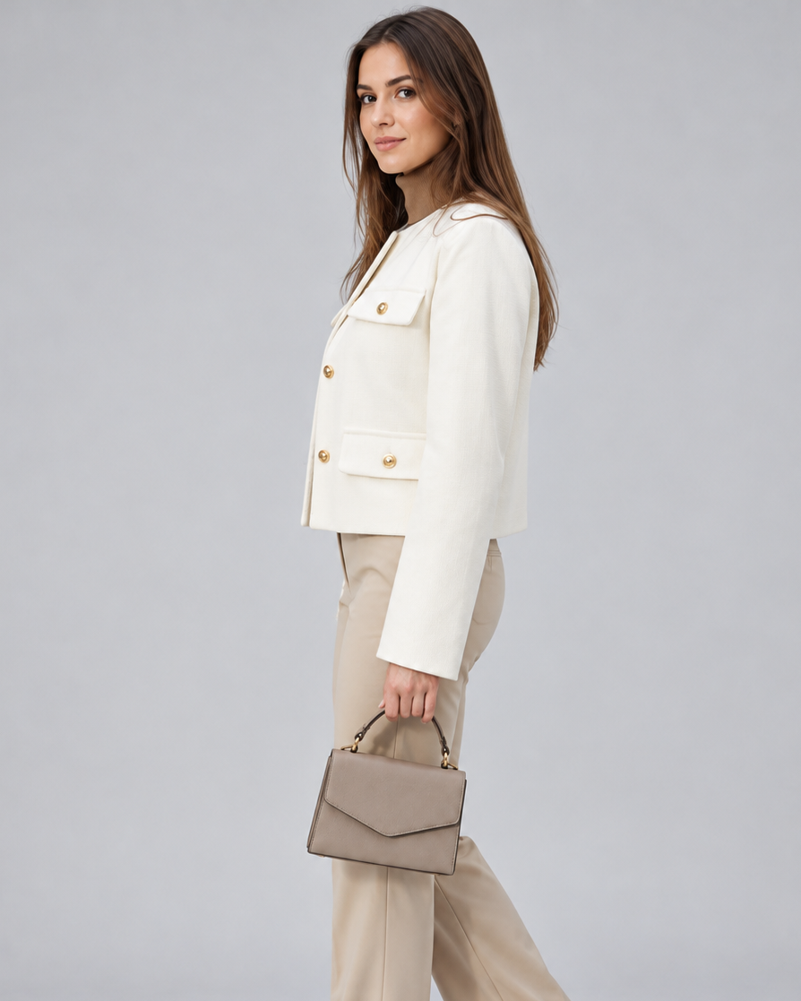 Women's Cropped Tweed Jacket with Round Neck and Gold Buttons