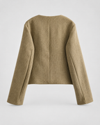 Women's Cropped Tweed Jacket with Round Neck and Gold Buttons