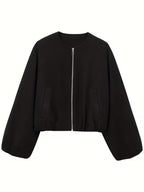 Women's Cropped Wool Blend Jacket with Zip Front and Pockets