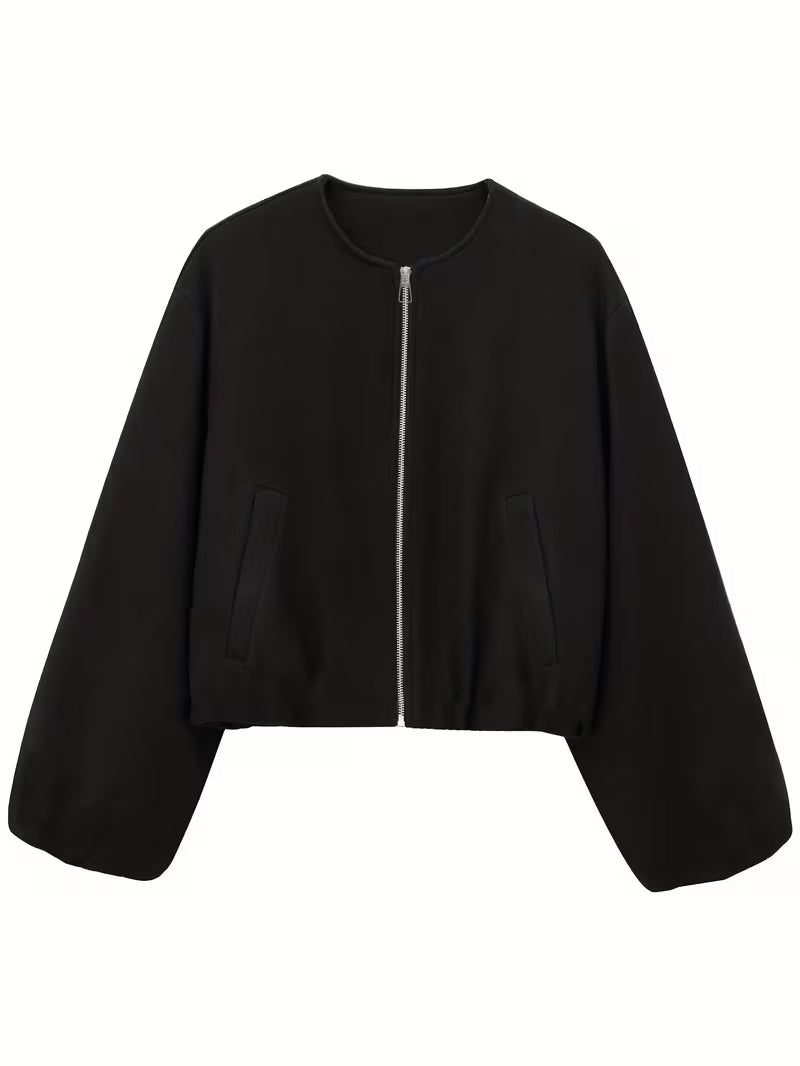 Women's Cropped Wool Blend Jacket with Zip Front and Pockets