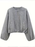 Women's Cropped Wool Blend Jacket with Zip Front and Pockets