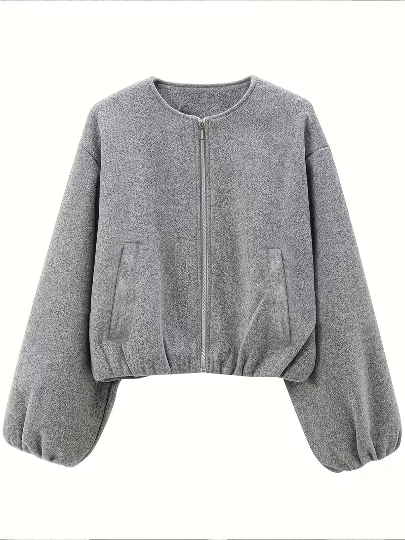 Women's Cropped Wool Blend Jacket with Zip Front and Pockets