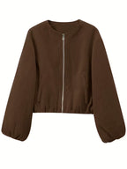 Women's Cropped Wool Blend Jacket with Zip Front and Pockets