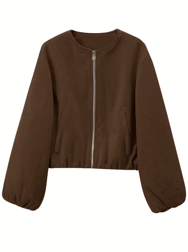 Women's Cropped Wool Blend Jacket with Zip Front and Pockets