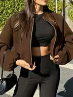 Women's Cropped Wool Blend Jacket with Zip Front and Pockets