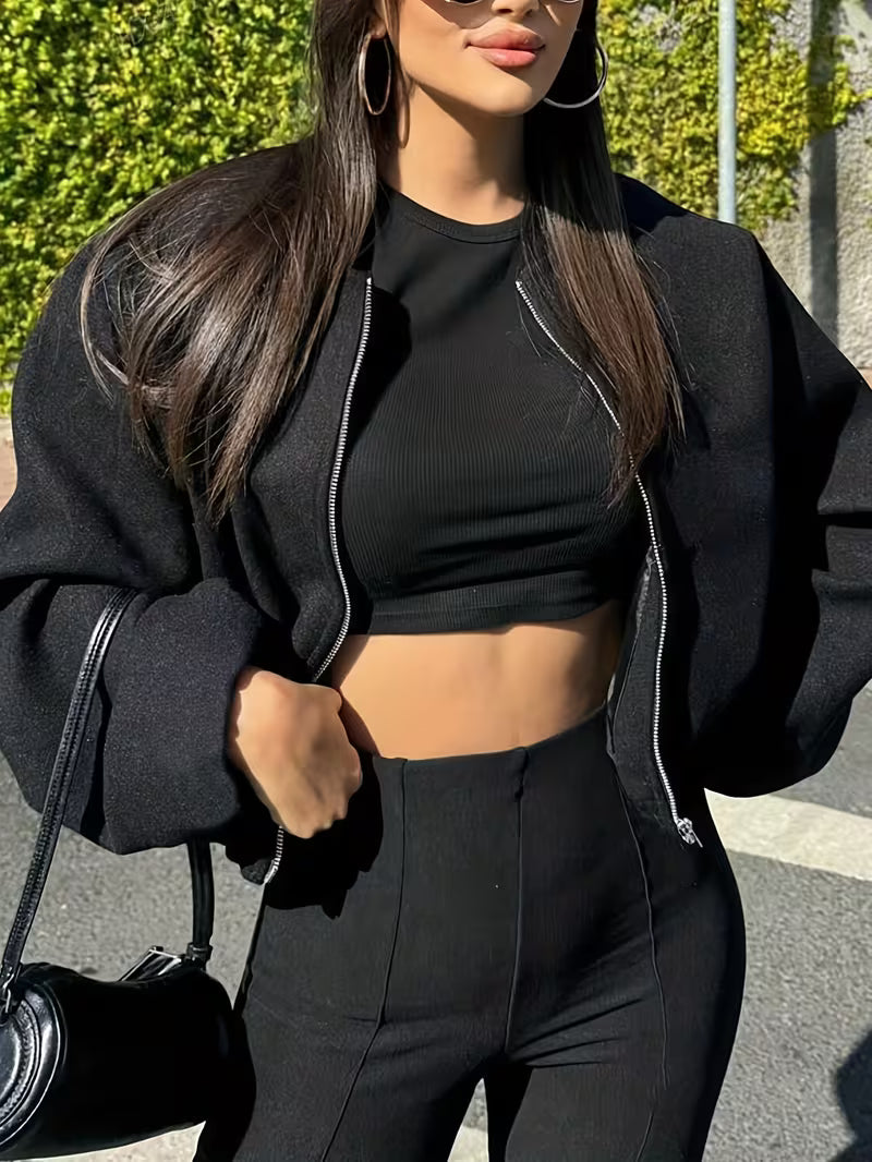 Women's Cropped Wool Blend Jacket with Zip Front and Pockets