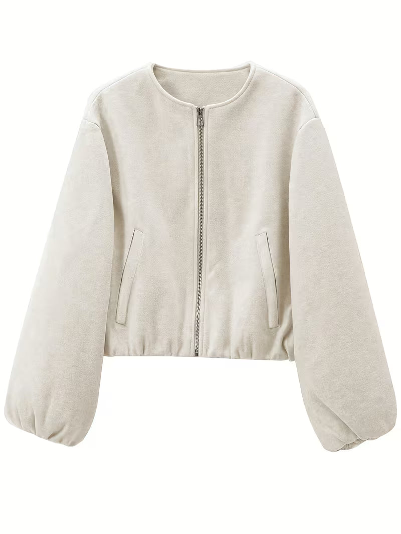 Women's Cropped Wool Blend Jacket with Zip Front and Pockets