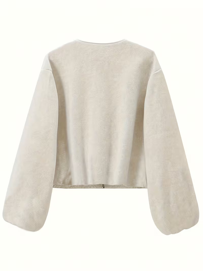 Women's Cropped Wool Blend Jacket with Zip Front and Pockets