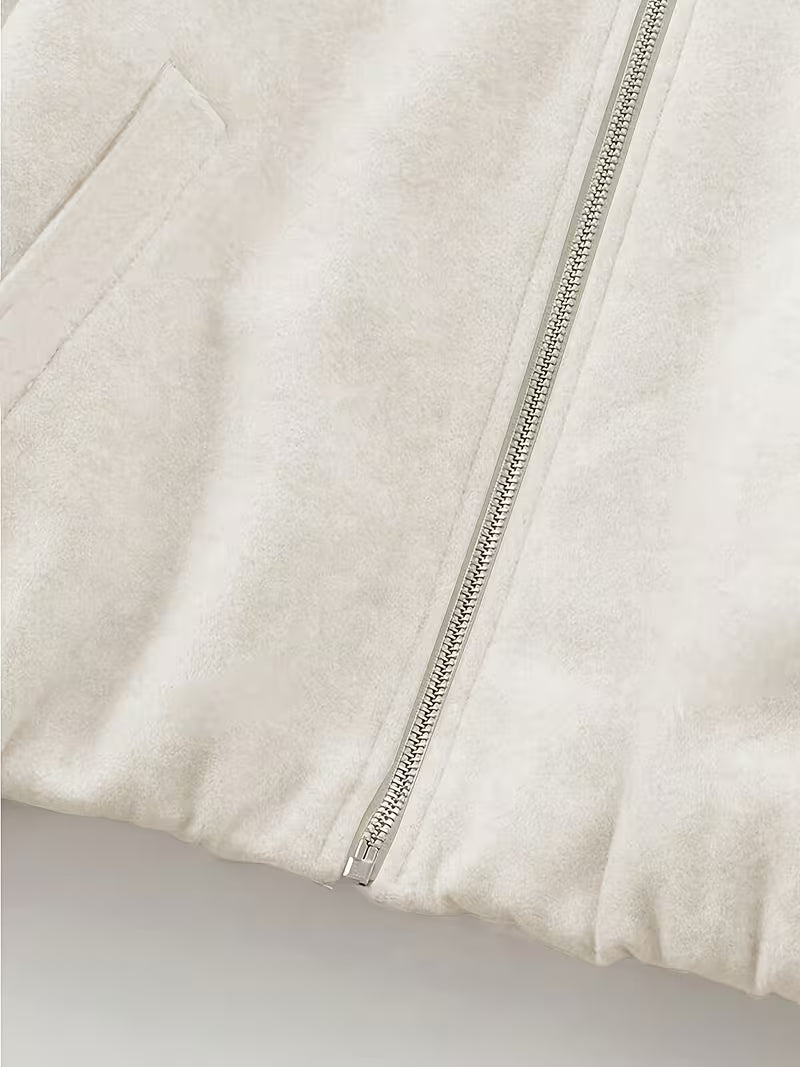 Women's Cropped Wool Blend Jacket with Zip Front and Pockets