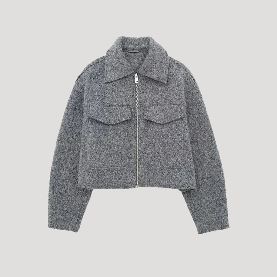 Women's Collared Cropped Jacket with Chest Pockets and Zip Front