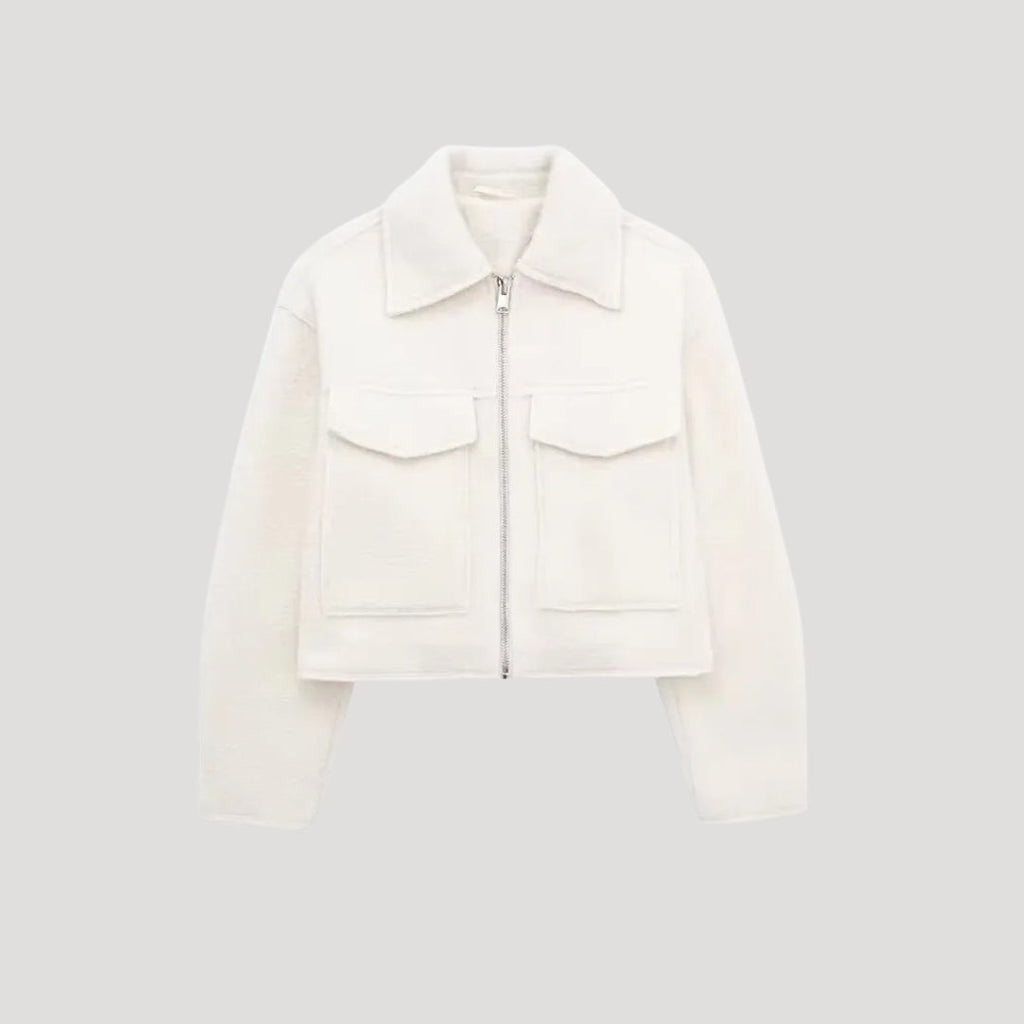 Women's Collared Cropped Jacket with Chest Pockets and Zip Front