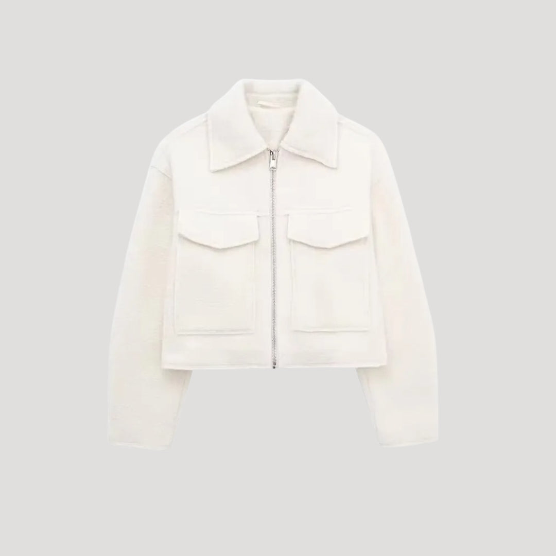 Women's Collared Cropped Jacket with Chest Pockets and Zip Front